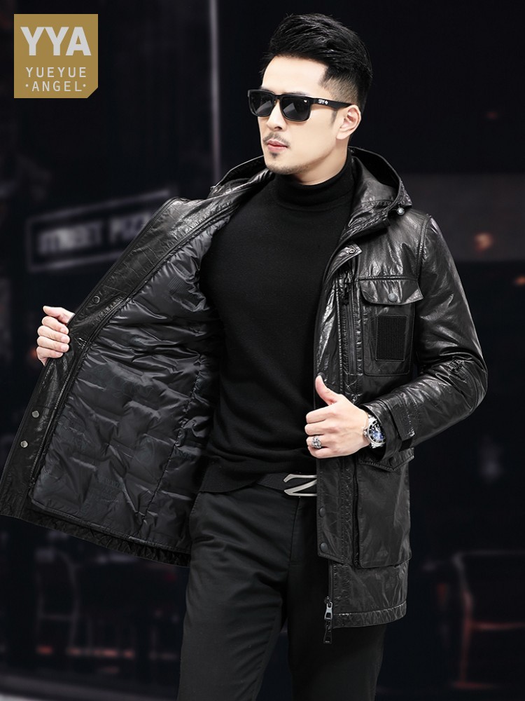 Men Winter Warm Mid Long Oil W - Leather Work Jacket With Hood incelemesi ve fiyatı