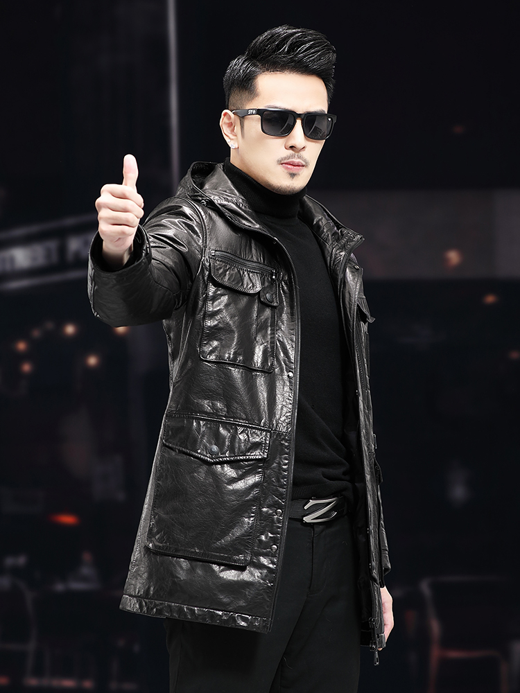 Men Winter Warm Mid Long Oil W - Leather Work Jacket With Hood incelemesi ve fiyatı