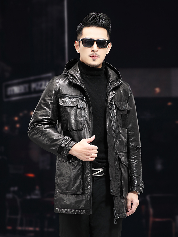 Men Winter Warm Mid Long Oil W - Leather Work Jacket With Hood incelemesi ve fiyatı
