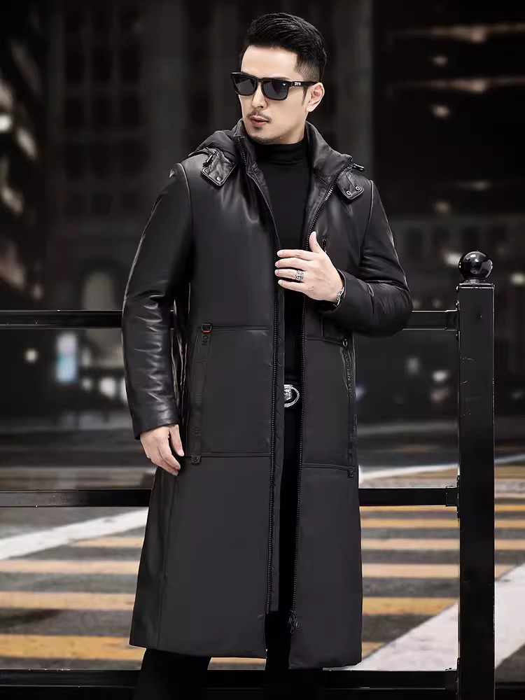 Winter Thick Warm Long Goose D - Leather Work Jacket With Hood incelemesi ve fiyatı