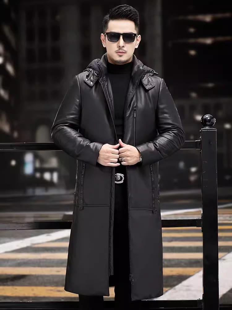 Winter Thick Warm Long Goose D - Leather Work Jacket With Hood incelemesi ve fiyatı