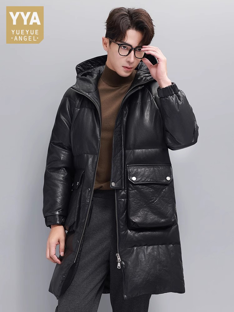 Winter Mens Warm Goose Down Ja - Leather Work Jacket With Hood incelemesi ve fiyatı