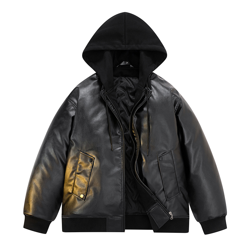 Men Down Cotton Jacket PU Leat - Leather Work Jacket With Hood incelemesi ve fiyatı