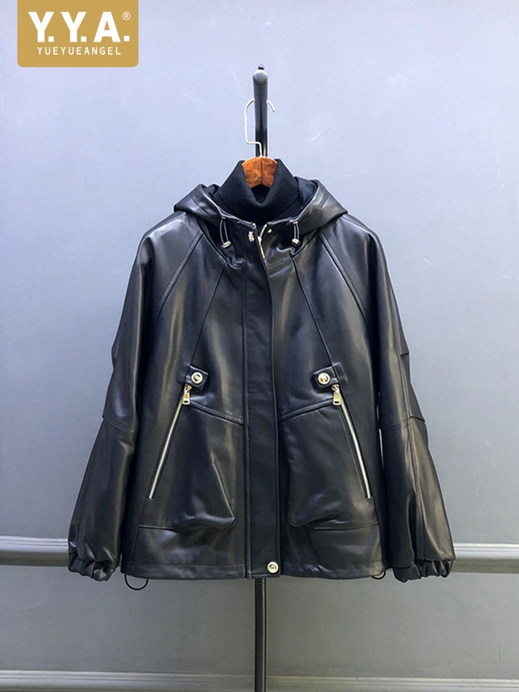 Hot Sale Autumn Women Natural  - Leather Work Jacket With Hood incelemesi ve fiyatı