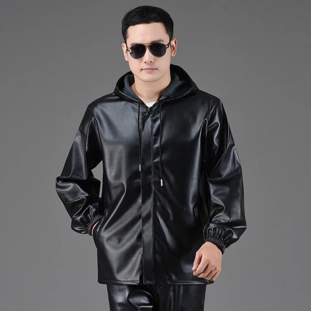 Men's spring and autumn overal - Leather Work Jacket With Hood incelemesi ve fiyatı