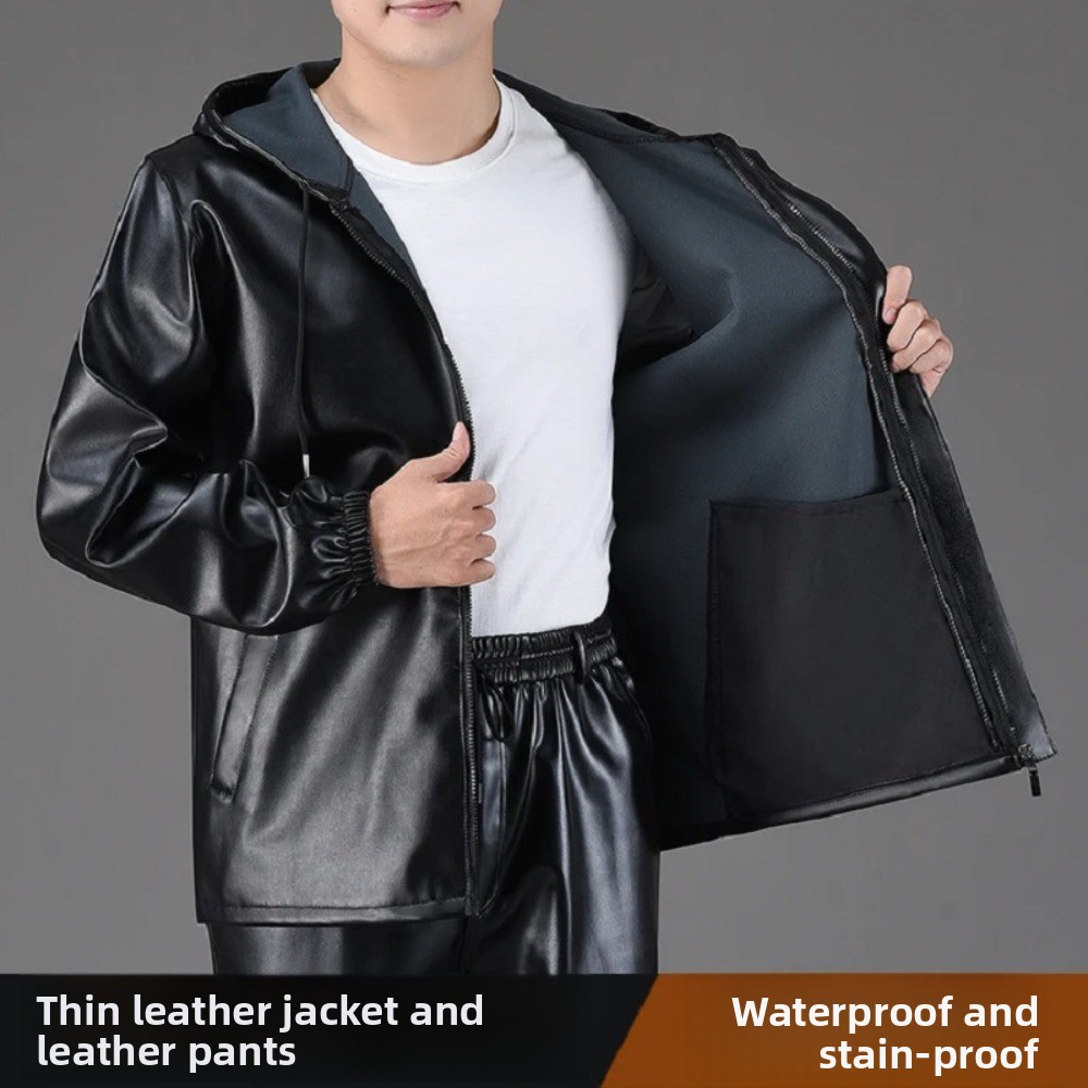 Men's spring and autumn overal - Leather Work Jacket With Hood incelemesi ve fiyatı